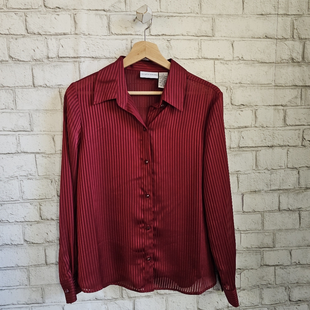 JACLYN SMITH Red Sheer Striped Button-Up Shirt, 6